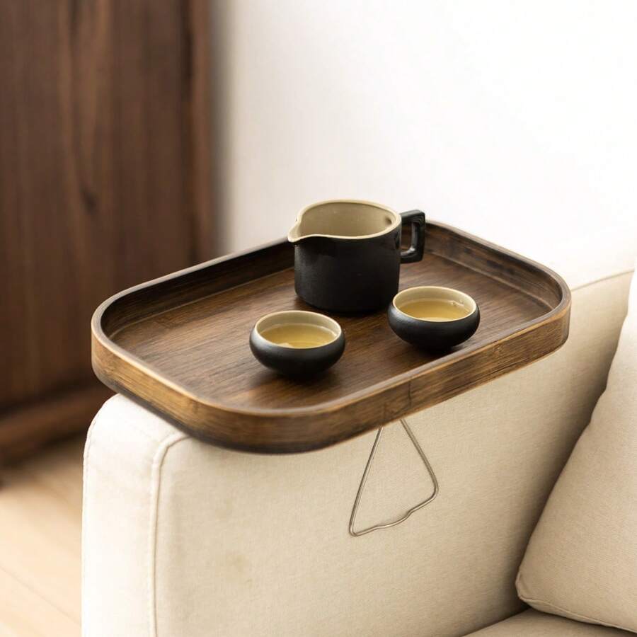 1pc Bamboo Sofa Armrest Tray, Rectangular Shape, Sofa Side Table That Can Be Fixed On The Sofa Armrest - Brown - View 1