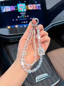 Iridescent Crystal Bead Keychain, Rhinestone Perfume Bottle Pendant With Double-Strand Bead Chain, Universal Car Rearview Mirror, Keychain, Handbag And Phone Case Accessory, Luxury Sweet Women's Decorative Gift - A - View 11