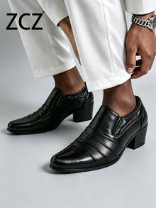 ZCZ 男士正式鞋，黑色商務休閒鞋，極簡主義一腳蹬楔跟尖頭正式鞋，僧侶鞋，派對正裝鞋，高跟正式商務時尚百褶男鞋，四季皆宜，適合正式商務與休閒穿搭 - 黑色 - 查看 5