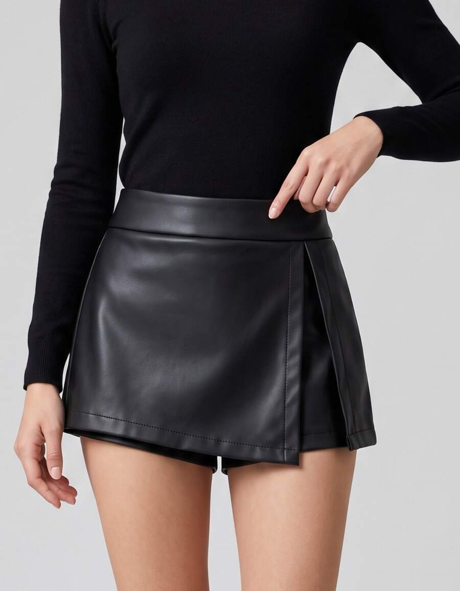 Short Saia Couro Fake Feminino Cintura Alta com Shorts Interno em PU Elegante e Moderno - Preto - Visão 1
