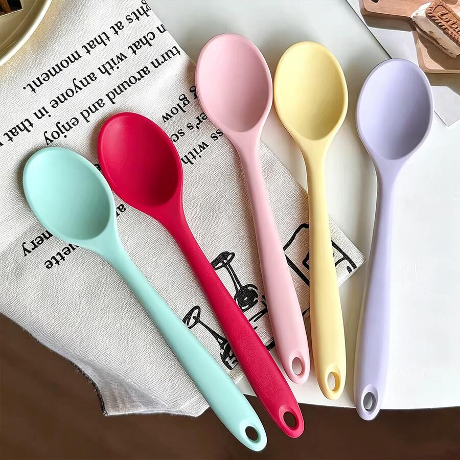 Silicone One-Piece Spoon, Salad Stirring Spoon, Food Stirring Spoon, Cooking Spoon, Salad Spoon, Soup Spoon, Small Soup Spoon, Non-Stick Silicone Spoon, Kitchen Salad Stirring Spoon, Cooking Utensil, Kitchen Gadget - Multicolor - View 1