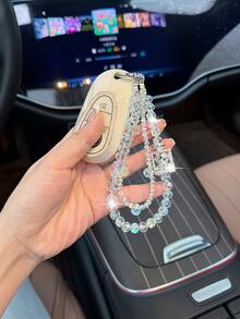 Iridescent Crystal Bead Keychain, Rhinestone Perfume Bottle Pendant With Double-Strand Bead Chain, Universal Car Rearview Mirror, Keychain, Handbag And Phone Case Accessory, Luxury Sweet Women's Decorative Gift - A - View 3