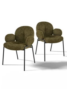 Goeurvant Modern Cloud-Style Wool-Linen Upholstered Dining Chairs With Rounded Arms And Wide-Back Support For Dining Room, Living Room, Office - Set Of 2 / Set Of 4 / Set Of 6-Olive Green/Bouclé - 墨綠色 - 查看 2