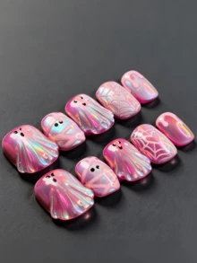 10片裝 3D浮雕貓眼幽靈木紋木乃美蜘蛛網萬聖節假指甲 Y2K風格美甲用品 - 粉色 - 查看 2