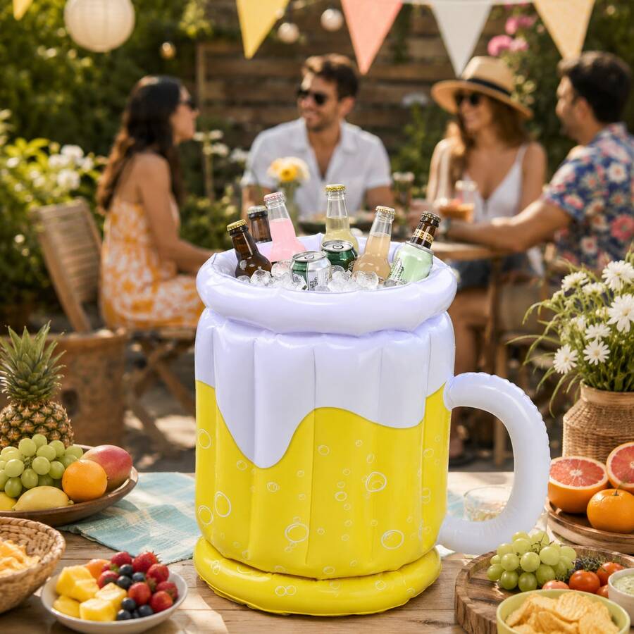 1pc Yellow Beer Mug Shaped Inflatable Drink Holder, Fun Pool Party Beverage Ice Bucket Float Decoration, Suitable For Summer Outdoor Beach And Pool Decor - A - View 1