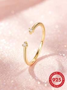 1pc S925 Sterling Silver Minimalist Plain Band Open Ring With Rhinestones, Korean Ins Cold Style, Fashionable Unique Niche Design, Adjustable Line Joint Ring, Sweet Fresh Versatile Elegant, Stackable Delicate Small Index Finger Ring, Pinky Ring - Diamond - View 3