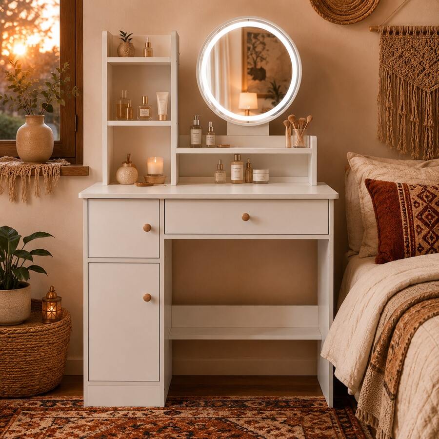 Vanity Desk With Round Mirror, Drawer & Storage Cabinet, Vanity Table With LED Lighted Mirror,Small Space Makeup Table For Bedroom, Mother's Day Gift For Women,The Perfect Gift For Your Girlfriend - White - View 1