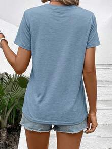 Damen Große Größen Rosa Strick V-Ausschnitt Kurzarm Regular Length T-Shirt, gezielter Muster, atmungsaktiv und weich für den Sommer - graublau - Übersicht 3