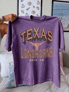 Texas Longhorns Graphic Showcasing The Iconic Longhorn Silhouette With Vintage Distressed Lettering, Tee For The Ultimate Fan ,Vacation Outfits Women - 水洗紫色 - 查看 7