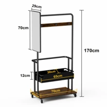 Robust Clothes Stand With Wheels - 3-In-1 Design With Basket And Mirror - 黑色和棕色 - 查看 6