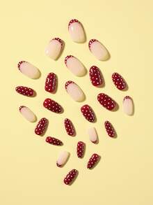 24 pièces Ongles à coller à pois blancs et rouges, faux ongles français courts de forme ovale, set de manucure nail art comprenant 1 pièce feuille de languettes adhésives et 1 pièce lime à ongles, convient pour un port quotidien - Multicolore - Voir 3