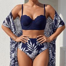 Nuevo conjunto de traje de baño de 3 piezas de estilo vacacional para mujer, con chaqueta de malla de cintura alta con estampado de hoja de arce, bikini triangular y prendas de vestir que estilizan la figura - Azul - Ver 2