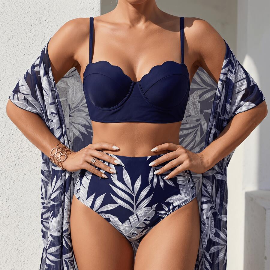 Nuevo conjunto de traje de baño de 3 piezas de estilo vacacional para mujer, con chaqueta de malla de cintura alta con estampado de hoja de arce, bikini triangular y prendas de vestir que estilizan la figura - Azul - Ver 1