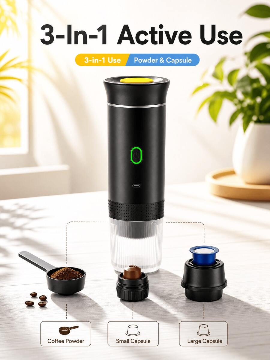15Bar Portable Espresso Machine, 3-In-1 Rechargeable Capsule And Coffee Powder Coffee Maker, Self-Heating Cold And Hot Extraction, Suitable For Travel, Car, Office And Camping