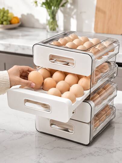 Suporte de Armazenamento de Ovos para Frigorífico com Capacidade para 32 Ovos - Organizador em Gaveta de Plástico Transparente, Design Poupa-Espaço, Mantém a Frescura, Armazenamento Compacto para Cozinha, Plástico Durável, Item Essencial de Cozinha, Organizador Elegante, Estrutura Resistente
