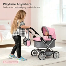 Adjustable Height Baby Stroller In Grey/Pink For Dolls, Suitable Reborn Baby Dolls Height 20 Inches And Below, Baby Doll Pram With A Built-In Shopping Basket, With Shoulder Bag, Gift For Kids 3+ - Multicolor - View 7