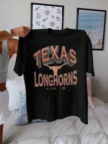 Texas Longhorns Graphic Showcasing The Iconic Longhorn Silhouette With Vintage Distressed Lettering, Tee For The Ultimate Fan ,Vacation Outfits Women - 黑色 - 查看 6