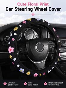 Car Steering Wheel Cover With Printed Pattern, No Inner Ring, Shoulder Pad Set, Fresh Colorful Ditsy Floral Print Car Interior Set, Sweet Girl Style, Soft And Comfortable Car Interior Accessories Set - A - View 4