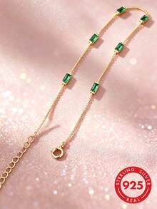 1pc S925 Sterling Silver Minimalist Ins Cold Style Elegant Green Geometric Square Diamond Bracelet, Fashionable Luxury Niche Exquisite Personalized High-End Square Green Diamond Box Chain, Versatile Jewelry Holiday Gift - Square - View 7