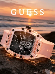 Guess 中性 Tonneau 中空骷髏腕錶，粉色透明錶殼，黑色多功能錶盤，矽膠錶帶，Y2K 時尚風格，適合情侶、音樂節、夜生活、街頭穿搭，送給他、她、好友的理想禮物，生日、週年紀念、節日適用 - 粉色 - 查看 7