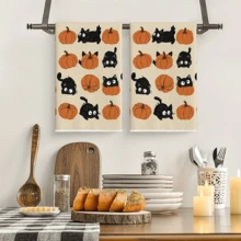 2 Peças Toalhas de Cozinha com Estampa de Gato Preto e Abóbora de Halloween, Decoração de Cozinha Rústica de Outono e Ação de Graças, Presente - Multicolorido - Visão 2