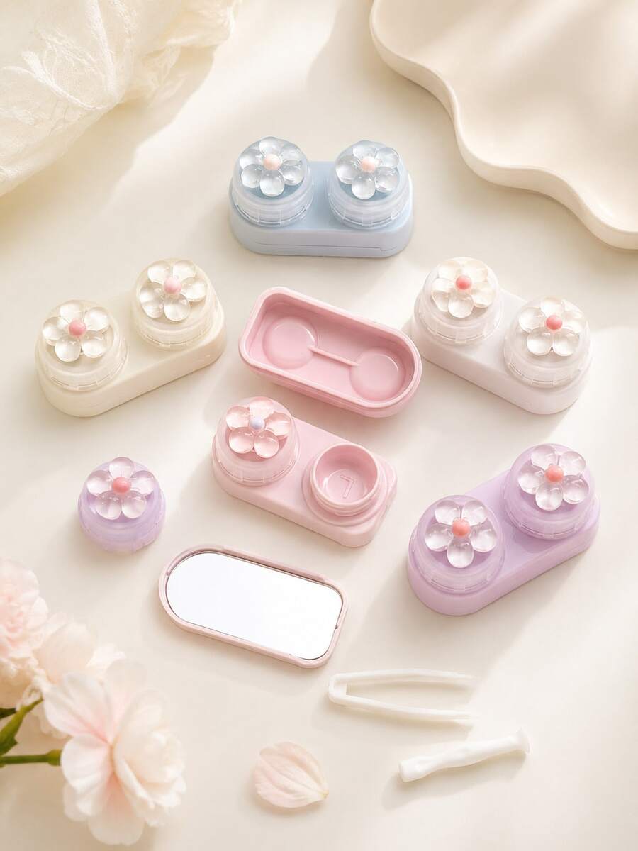 XIANG YU 2pcs Cute Flower Design Contact Lens Case With Mirror, Portable Drawer Storage Box, Pastel Color Lens Holder, Compact Travel Organizer With Accessories