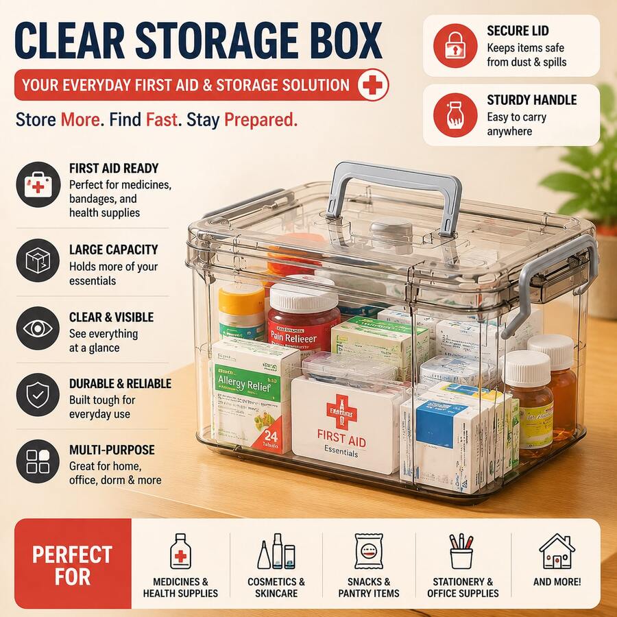 1PC Capacity Clear Storage Box With Sturdy Handle, Secure Lid Organizer For Medicine, Cosmetics, Snacks, Stationery And Household Essentials - Gray - 查看 1