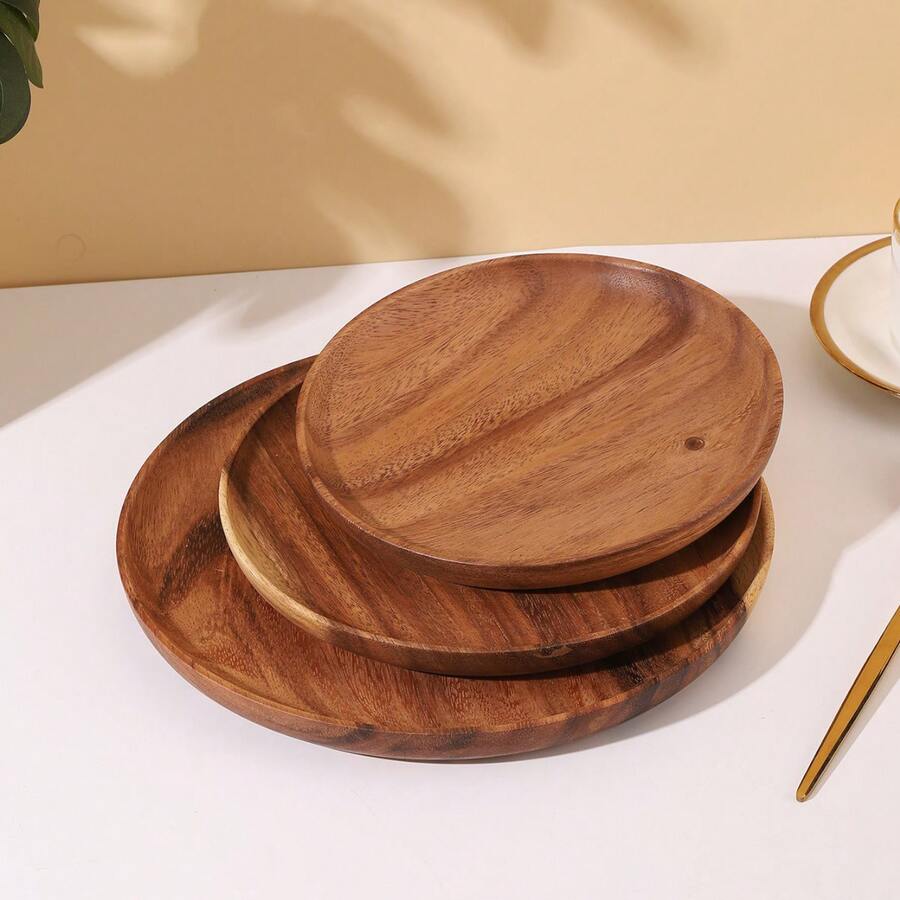 One Acacia Wood Round Dinner Plate Christmas Gift - Brown - View 1