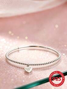 1pc S925 Sterling Silver Minimalist Ins Cold Style Round Bead & Tube Elastic Bracelet, Korean Exquisite Personalized Fashion Versatile Cool High-End Elegant Accessory, Birthday Gift For Best Friend, Party Favor - Round Beads - View 3