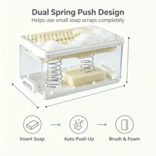 Spring Press Foaming Soap Box With Cleaning Brush, Multifunctional Draining Soap Dish, Anti-Melt Laundry Soap Storage Container For Bathroom Laundry - White - View 11