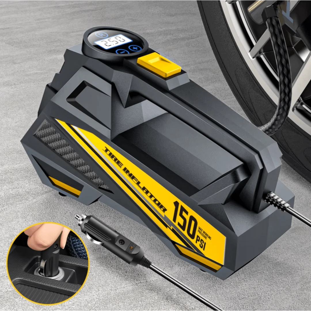 Carsun 22 氣缸高功率便攜式充氣機，含空氣壓縮機，150 PSI，4 段精確胎壓預設，自動關機功能，LED 燈，數位顯示（1 個絲，3 個接頭），適用於汽車、摩托車、足球及其他車輛配件