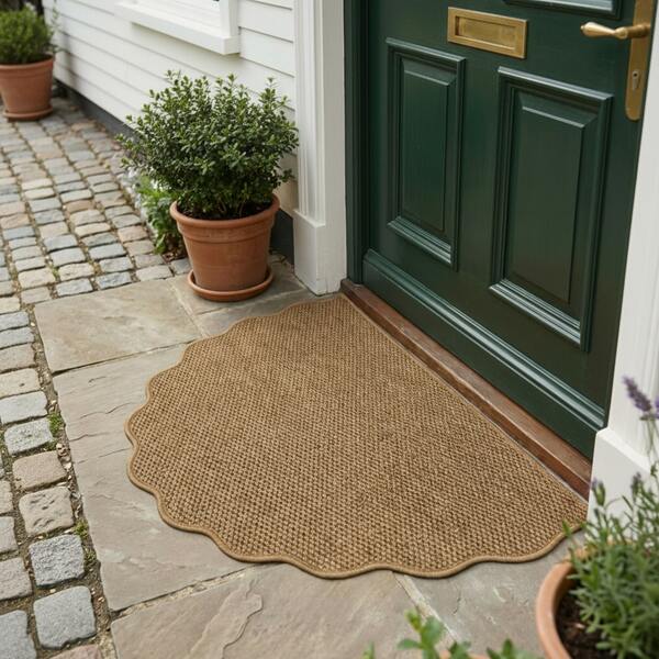 1pc Machine Washable Faux Sisal Pineapple Ring Textured Solid Color Asymmetric Doormat, Carpet, Rug, Novelty Rug, TPR Non-Slip Bottom Design, Asymmetric Wavy Edge Pattern, Durable, Stylish, Platform Innovative Design, Factory Direct, Strict Quality Control, All Season, Spring Summer Autumn Winter Essential Doormat, Gift