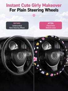 Car Steering Wheel Cover With Printed Pattern, No Inner Ring, Shoulder Pad Set, Fresh Colorful Ditsy Floral Print Car Interior Set, Sweet Girl Style, Soft And Comfortable Car Interior Accessories Set - A - View 6