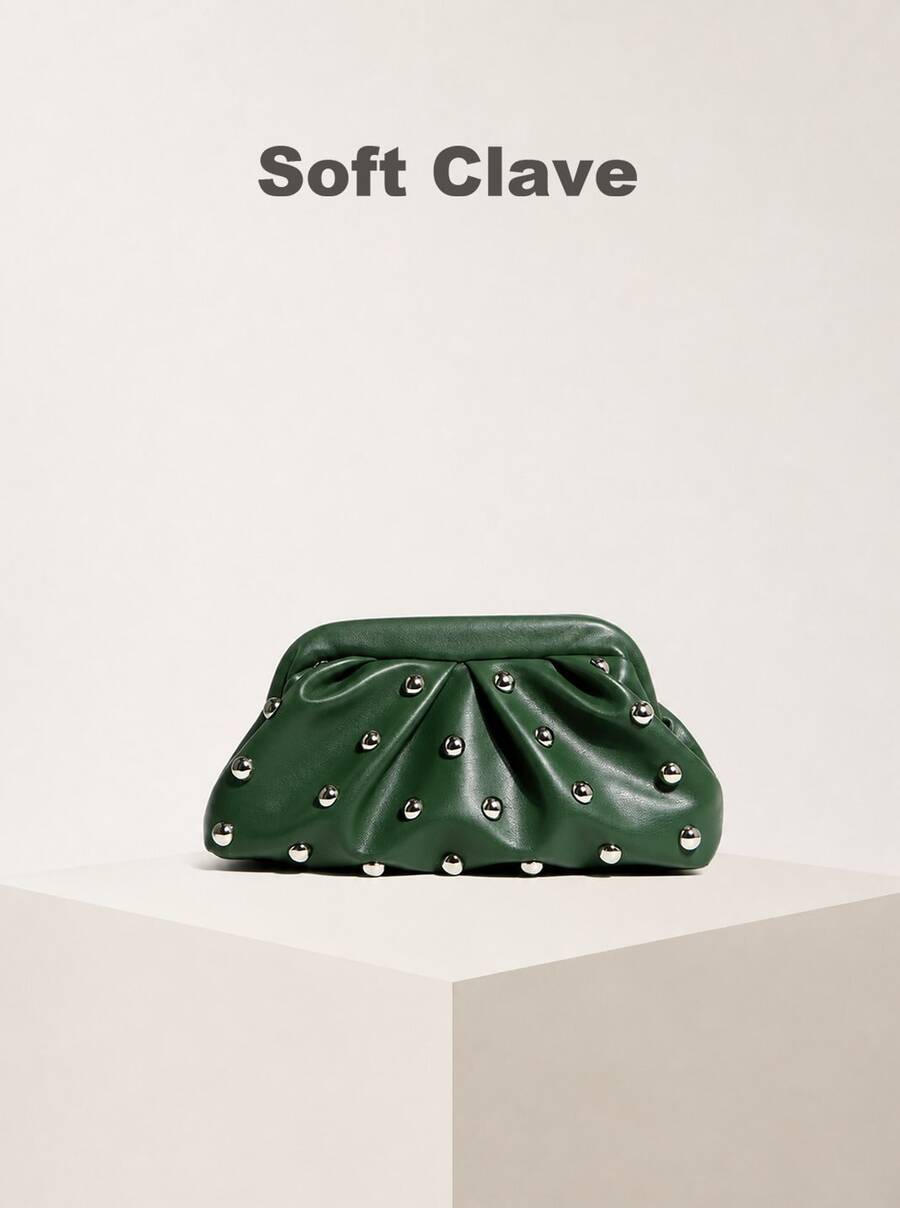 Vintage-Style Pleated Clutch With Rivet Decoration, Ruffled, Cloud-Patterned Beach Bag For Women, Fashionable Clutch Handbag With Chain Strap - 綠色 - 查看 1