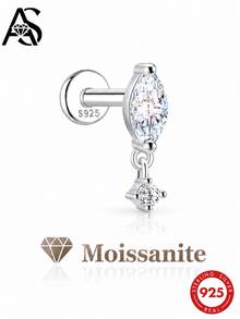 AnlaScheer 1pc Moissanite 925 Sterling Silver Marquise Flat Back Helix Cartilage Spiral Piercing Screw Earring, Women's Engagement Wedding Bridal Jewelry - Silver - View 1