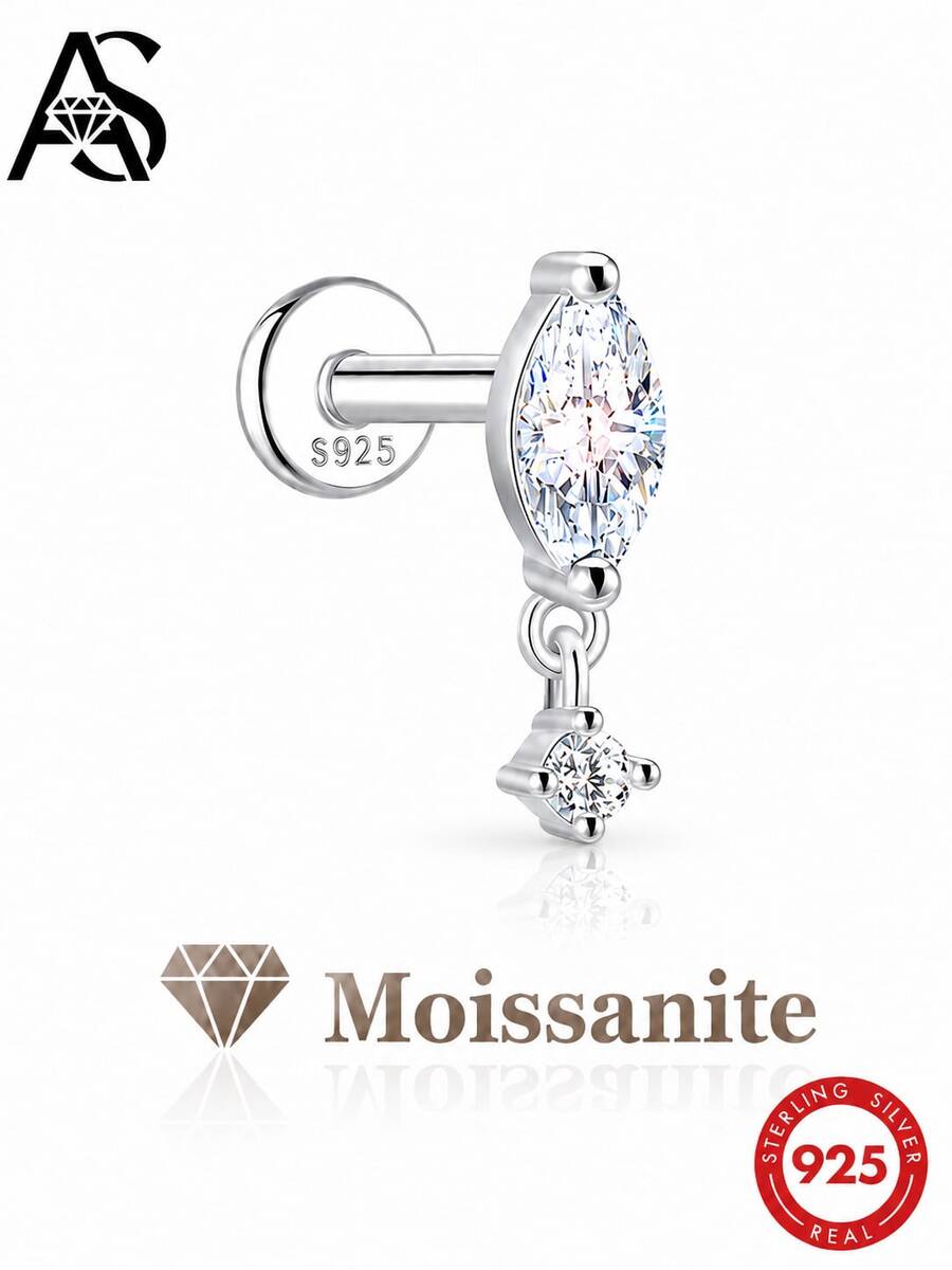 AnlaScheer 1pc Moissanite 925 Sterling Silver Marquise Flat Back Helix Cartilage Spiral Piercing Screw Earring, Women's Engagement Wedding Bridal Jewelry - Silver - View 1