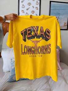 Texas Longhorns Graphic Showcasing The Iconic Longhorn Silhouette With Vintage Distressed Lettering, Tee For The Ultimate Fan ,Vacation Outfits Women - 黃色 - 查看 12
