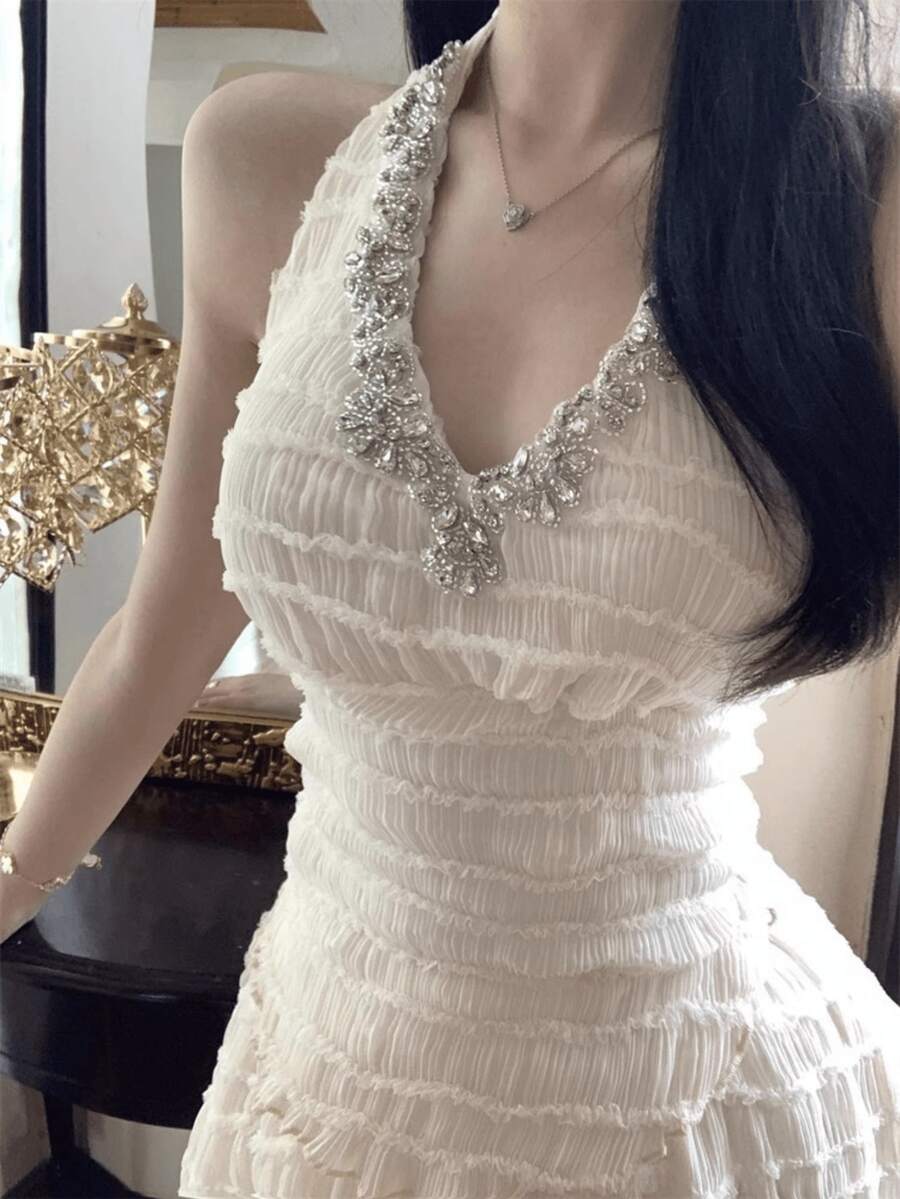 Women's Sexy Innocent Style Rhinestone Off-Shoulder Halter Neck Mesh Top - Stylish Design, Perfect For Outdoor Wear, Hot Girl Style Tank Top - White - View 1