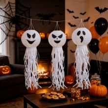 3 Buah Lampion Kertas Hantu Ubur-ubur Halloween, Ornamen Gantung Wajah Menyeramkan dan Tentakel untuk Dekorasi Pesta di Halaman dan Teras - Putih - View 3