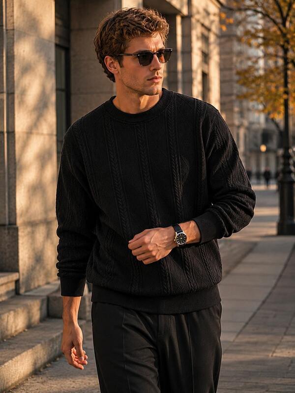 Men's Loose Fit Pure Black Jacquard Knit Sweatshirt, Round Neck Long Sleeve Knit Sweatshirt, Autumn/Winter Casual Streetwear Style Sports