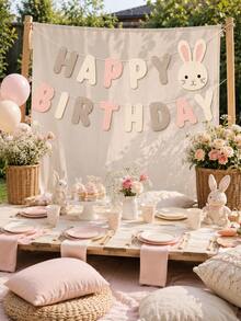 1pc Felt Happy Birthday Banner, Rabbit Letter Garland, Pink & Beige Birthday Bunting, Suitable For Girls 1st Birthday, Baby Shower, Easter Party, Nursery Decor, Dessert Table Backdrop - E - View 4