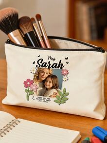 Custom Photo Canvas Zipper Pouch Personalized Teacher Name Floral Butterfly Frame Makeup Bag, Custom Upload Picture Teacher Appreciation Gift With Daisy Border, Stationery Cosmetic Storage Bag For Teacher's Day Back To School Daily Carry Organizer - Multicolor - View 10