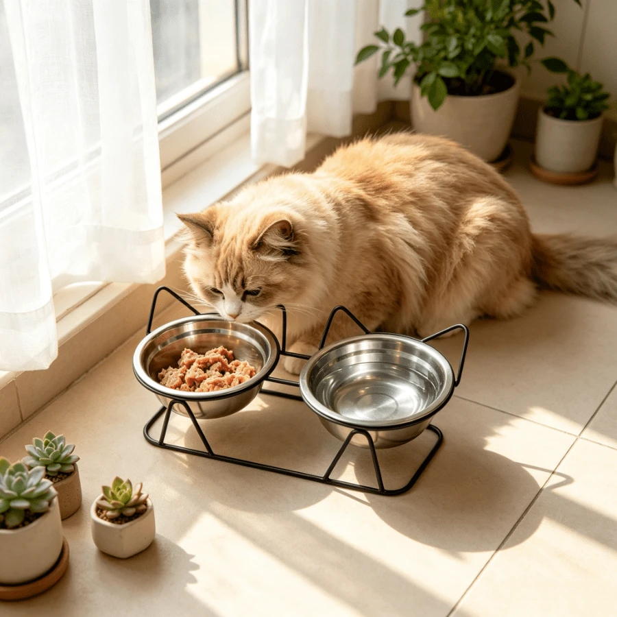 Cute Cat Ear Metal Stand Elevated Pet Bowl, Comes With Two 5.12 Inch Pet Bowls, Stable Iron Wire Frame Feeding Station, Detachable And Easy To Clean, Designed For Indoor Daily Feeding Of Kittens, Puppies And Small Dogs