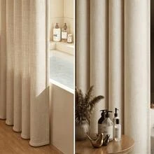 1pc Thickened Waterproof Shower Curtain, Beige Faux Linen Shower Curtain With Metal Hooks - Thick, Quick Dry Fabric Bathroom Privacy And Decor - Beige - View 2
