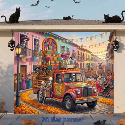 2D Flat Banner 1pc Day Of The Dead Festival Theme Decorative Backdrop, Suitable For Mexican Theme Party, Carnival, Indoor/Outdoor Wall Decor, Photography Background And Holiday Atmosphere Creation, Polyester Material, Multiple Sizes Available