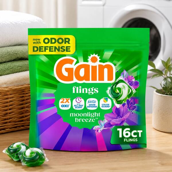 Gain Flings Moonlight Breeze Laundry Detergents - 16ct: Resealable Bag, Odor Control, Paraben-Free, High Efficiency,With This Powerful 4-In-1 Washing Detergent Formula That Features 2X* Oxi, Up To All Day Scent, Febreze Odor Defense, And Color Guard
