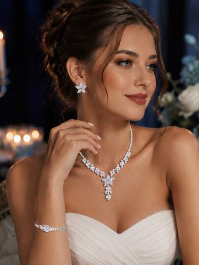 Juego de 4 piezas de joyería de novia con flores de circonita cúbica estilo palacio, cristal, para boda, fiesta de noche, regalo de cumpleaños para mujer