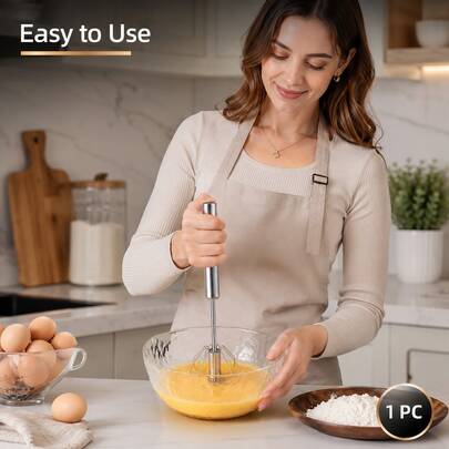 1 pieza Batidor de huevos giratorio semiautomático, batidor manual de acero inoxidable con empuje, batidor de huevos de mano para hornear, crema, salsa, espuma de café, herramienta de cocina fácil de limpiar