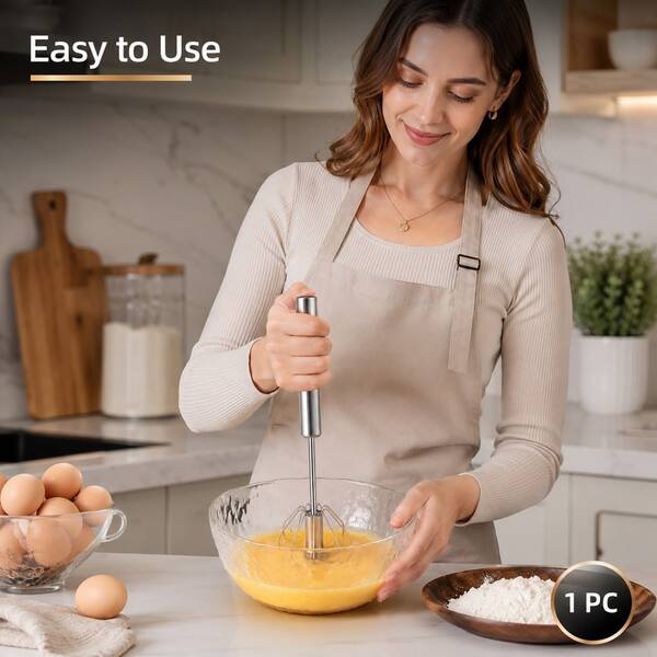 3/1 pieza Batidor de huevos semiautomático giratorio, batidor manual de acero inoxidable con empuje, batidor de huevos de mano, batidor de mano para hornear, crema, salsa, espuma de café y espumador de leche, accesorio de cocina fácil de limpiar, accesorios de cocina, artículos de cocina, batidor