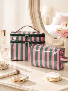 Striped Travel Makeup Bag Set, Fashionable Double Layer Design Cosmetic Organizer, Large Capacity Essentials And Daily Travel Storage Bag - Multicolor - View 3